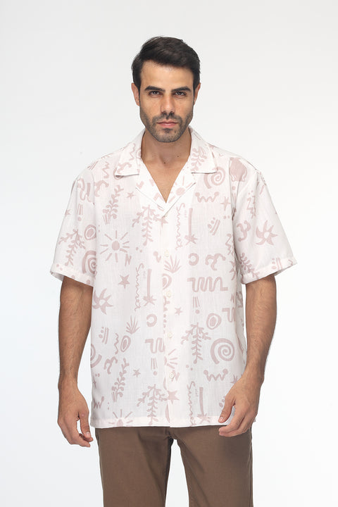 Over Size Linen Shirt Half Beige