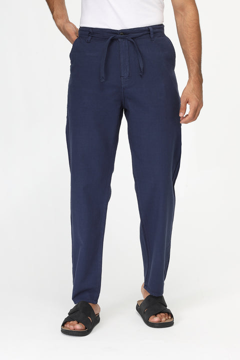 Regular Fit Cotton Linen Trousers Dark Blue