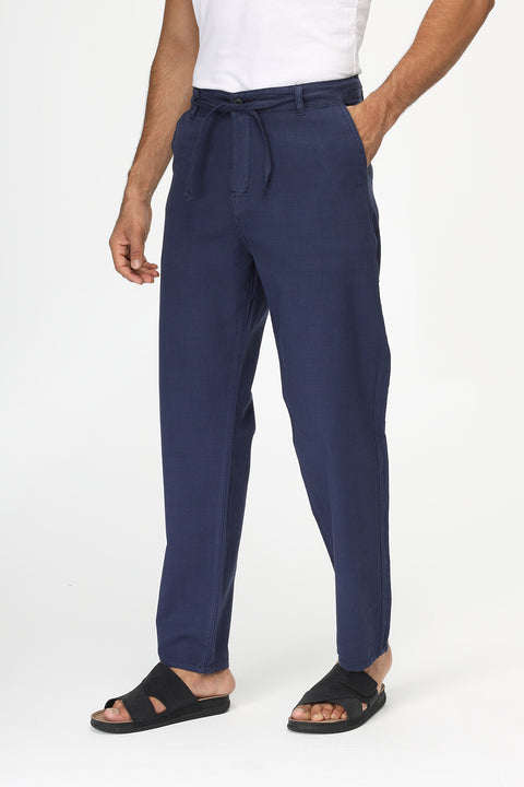 Regular Fit Cotton Linen Trousers Dark Blue