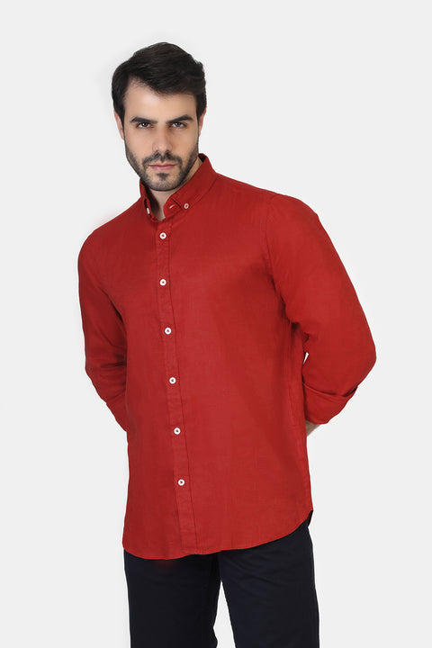 Slim Fit Linen Shirt Dark Red
