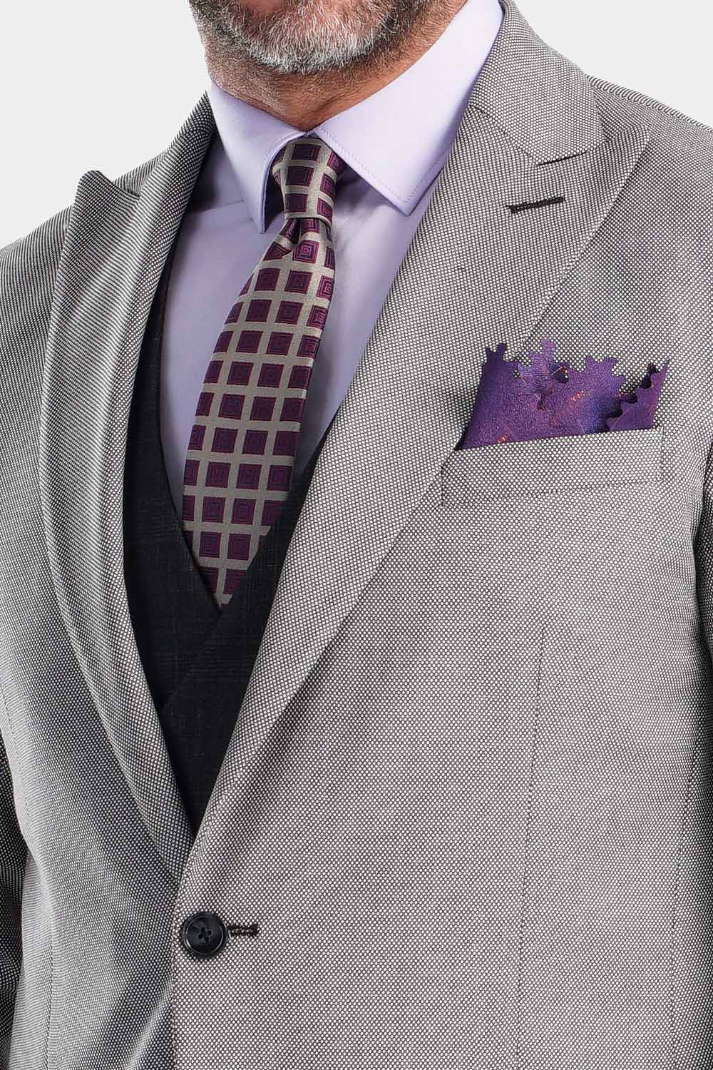 Close Up Of A Dark Gray Striped Jacked With White Shirt And Patterned Black  Purple Tie Stock Photo, Picture and Royalty Free Image. Image 15983959.