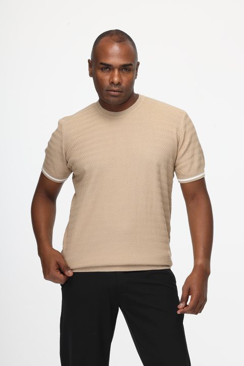 Regular Fit Knitted T-Shirt Beige - Image 3