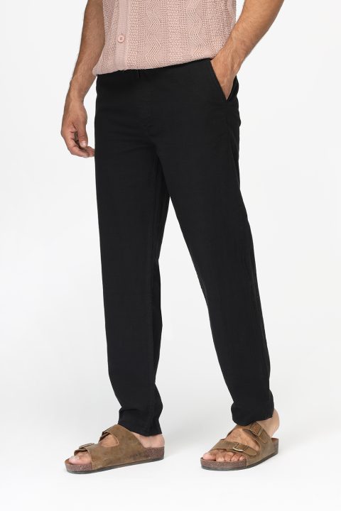 Regular Fit Cotton Linen Trousers Black - Image 3