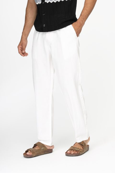 Regular Fit Cotton Linen Trousers Off White - Image 3
