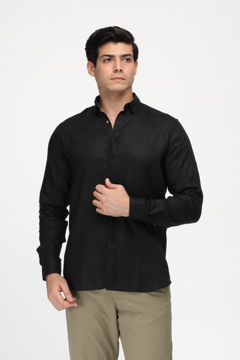 Regular Fit Linen Shirt Black - Image 3