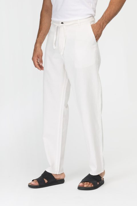 Regular Fit Cotton Linen Trousers Off White - Image 3
