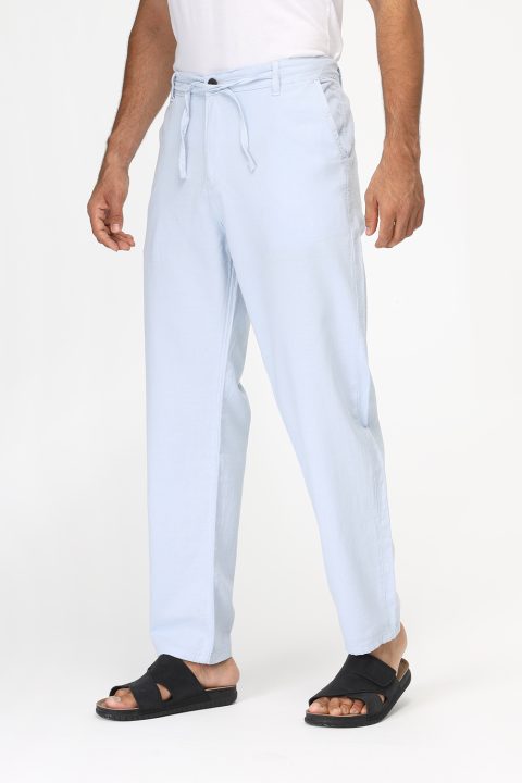 Regular Fit Cotton Linen Trousers Light Blue - Image 3